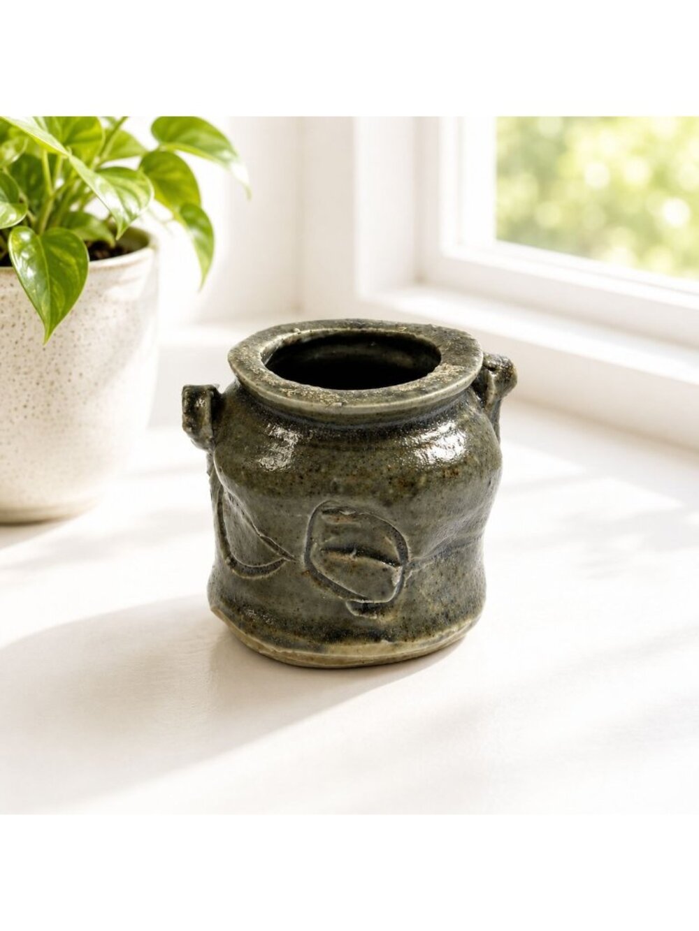 Vintage Handmade Ceramic Miniature Vase Set Speckled Gray Abstract Design Rustic